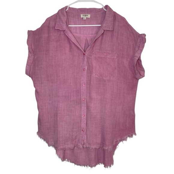 Umgee Tops - Umgee Pink Button Down Short Cuffed Sleeve Hi Low Raw Hem Lightweight Size Md